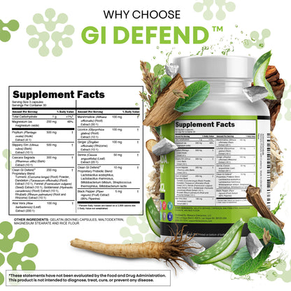 Clean Nutraceuticals GI Defend - All-In-One Digestive Health Supplement with Slippery Elm, Psyllium Husk, Probiotics, Aloe Vera & Herbal Extracts