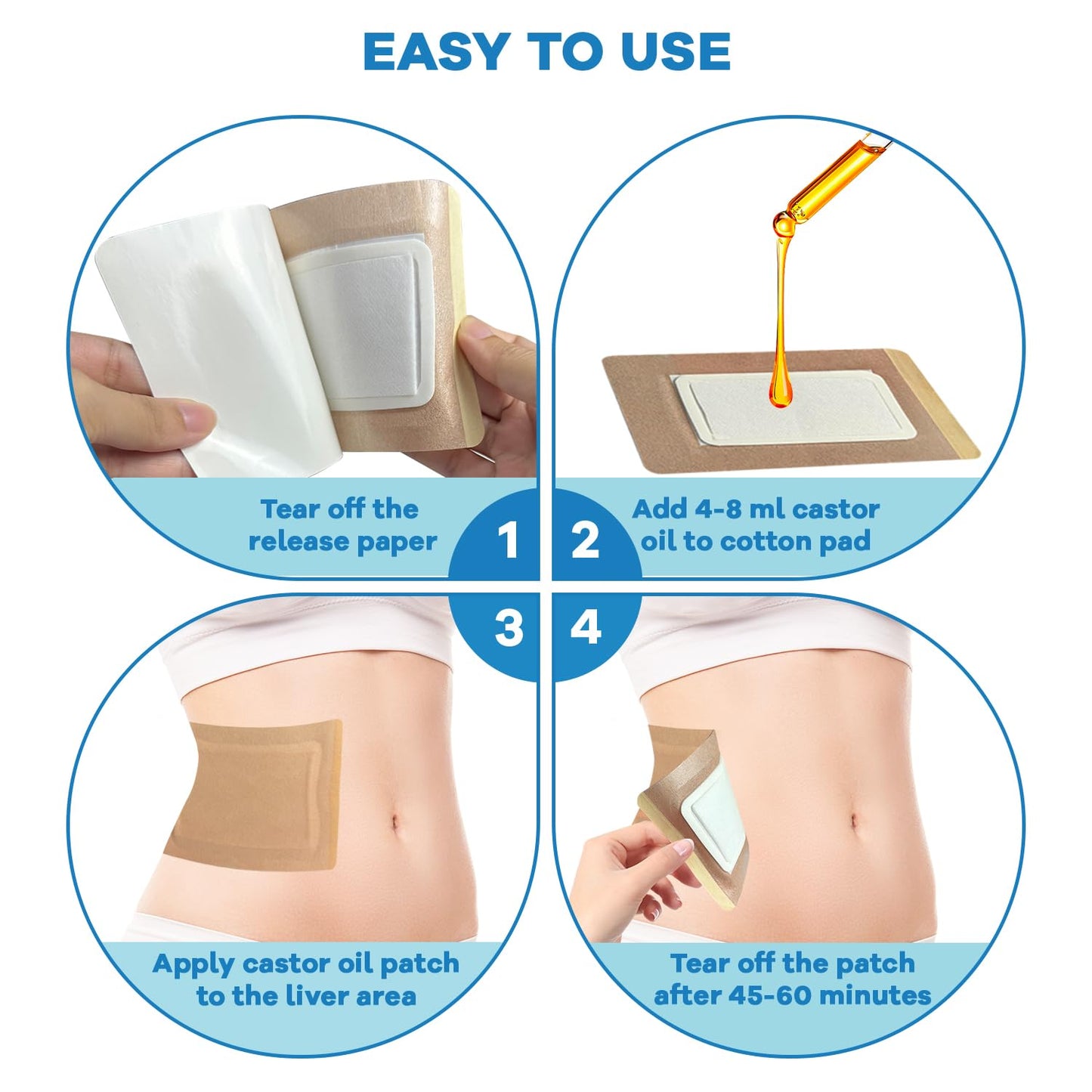 32 Pcs Castor Oil Patches – Disposable Castor Oil Packs (5.1 x 3.9 in) – Anti-Leakage Organic Cotton
