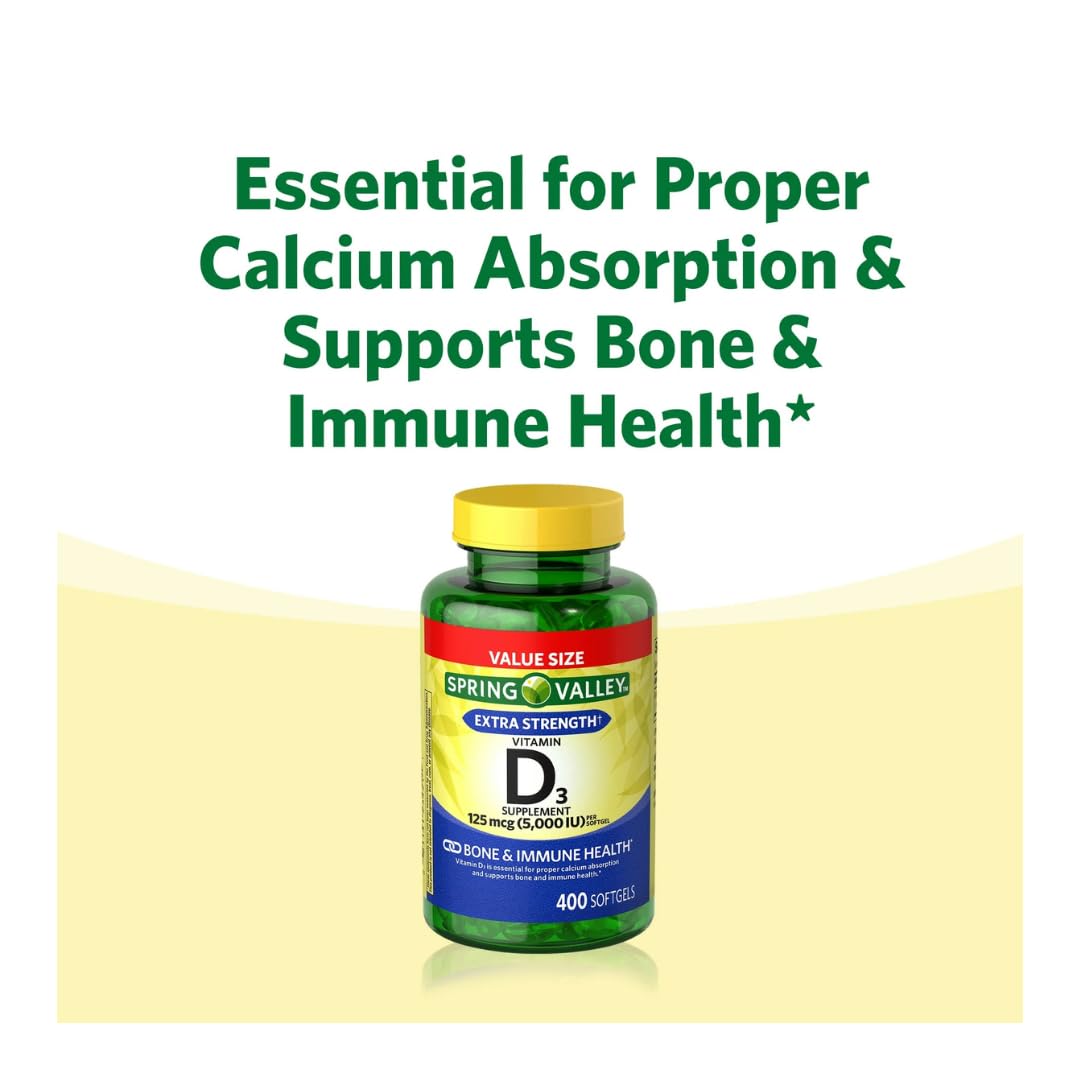 Spring Valley Vitamin D3 Softgels 125 mcg (5,000 IU) – 400 Count + Gift Ice Roller