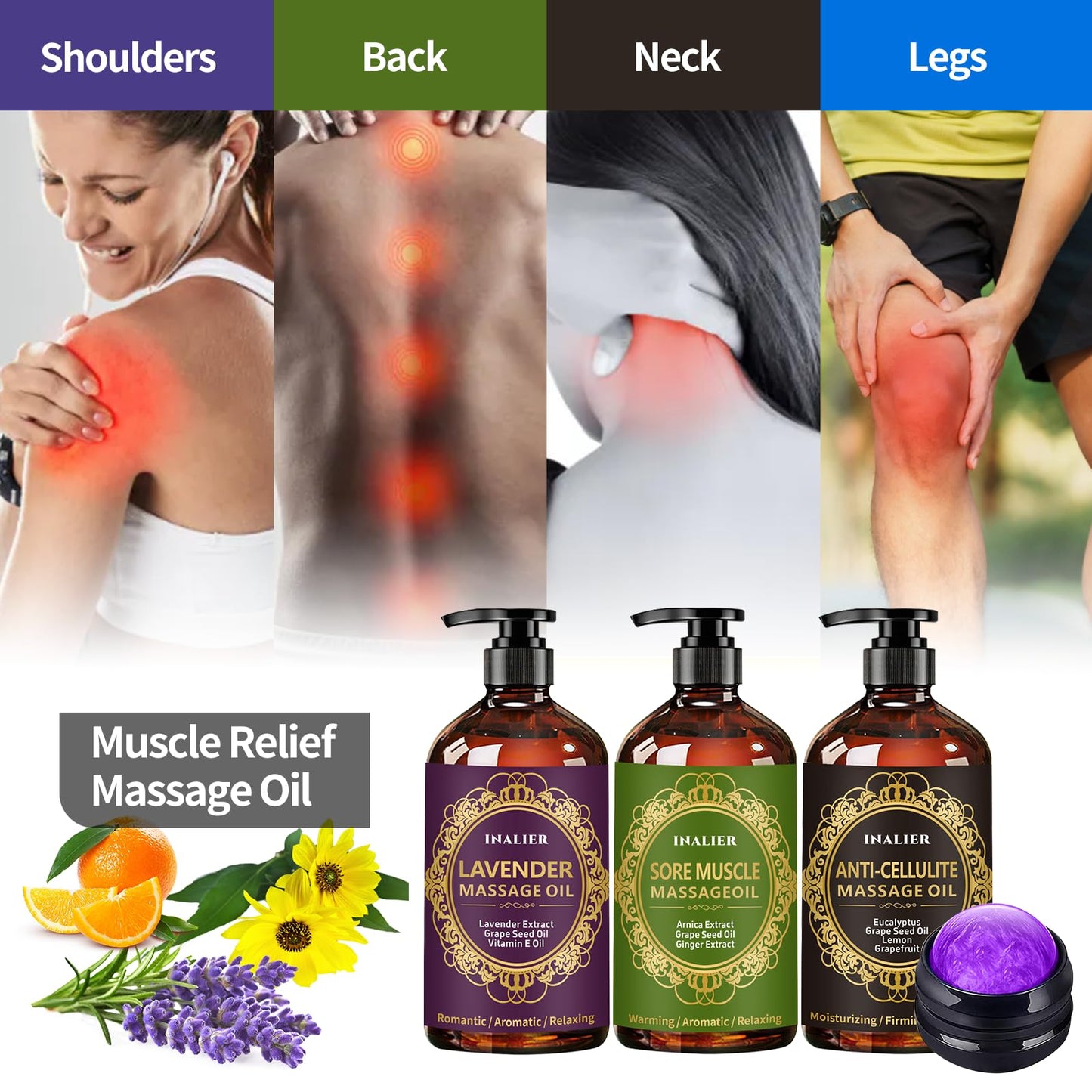 Massage Oil for Therapy - 3-Pack Gift Set with Ginger, Arnica & Lavender
