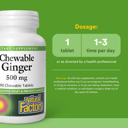 Natural Factors Chewable Ginger 500 mg, 90 Count | Digestive Support