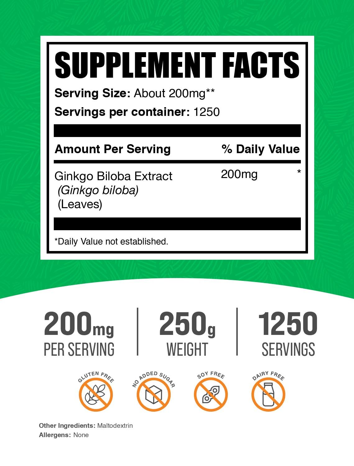 BulkSupplements.com Ginkgo Biloba Extract Powder – 200mg per Serving, 250g (Gluten Free)
