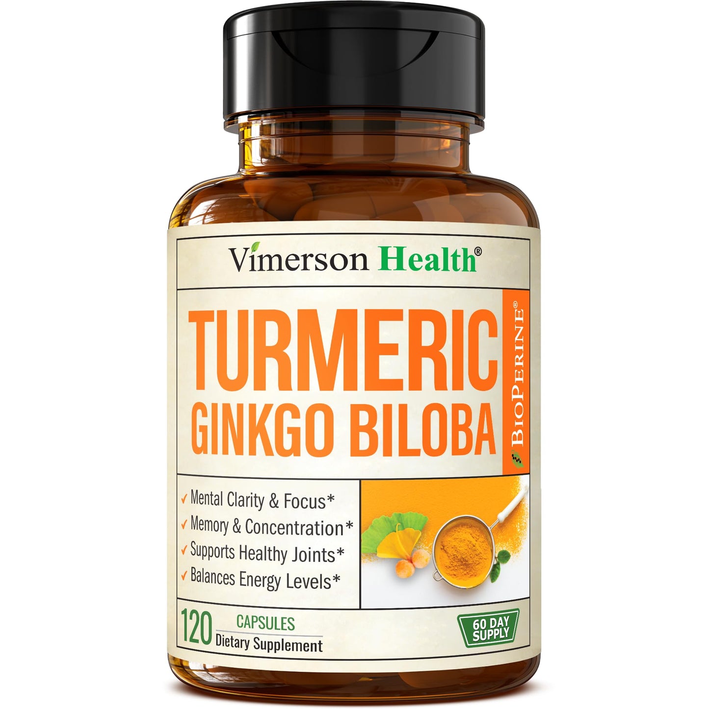 Ginkgo Biloba & Turmeric Curcumin Supplement with BioPerine – Vimerson Health | 120 Vegan Capsules