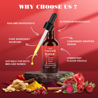 Premium Cayenne Pepper Drops Supplement with Hawthorn, Beet Root, Turmeric, Vitamin K2 & D3, Ginseng, Ceylon Cinnamon – Capsaicin Supplements for Wellness Support - 4 OZ