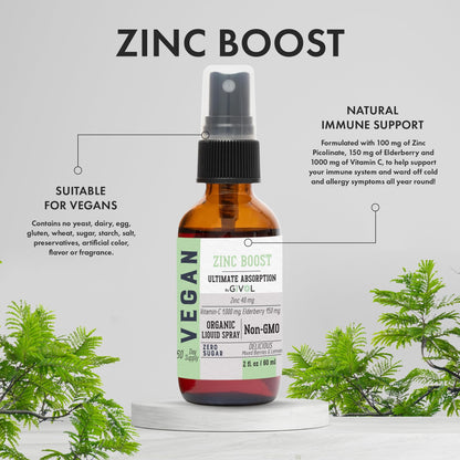 GIVOL Organic ZINC Boost Mist 40 mg – Sugar Free, Vitamin C & Elderberry – Vegan Liquid Spray (60 ml)