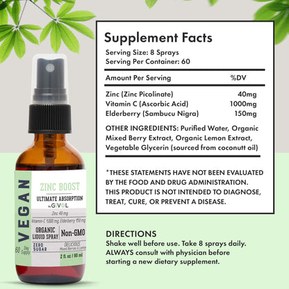 GIVOL Organic ZINC Boost Mist 40 mg – Sugar Free, Vitamin C & Elderberry – Vegan Liquid Spray (60 ml)
