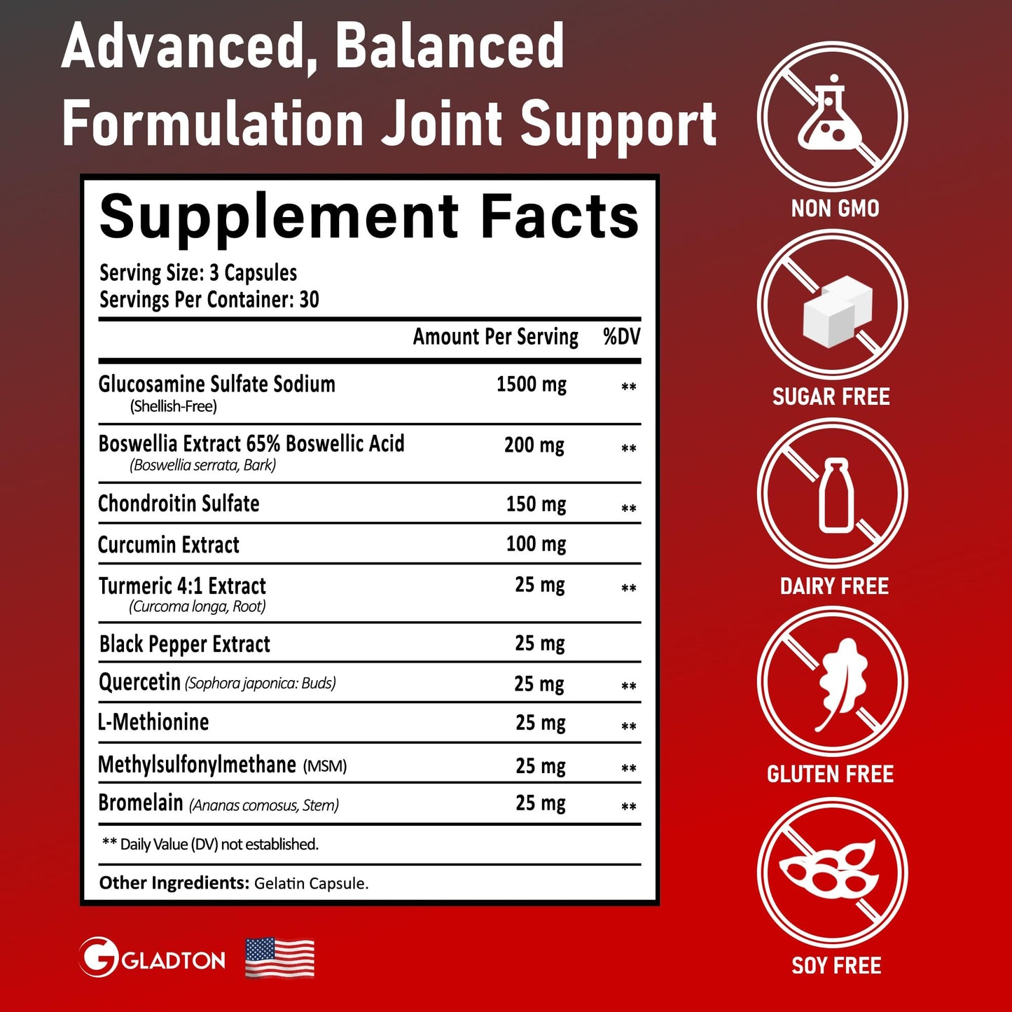 GLADTON Joint Support – Glucosamine, Chondroitin, MSM, Turmeric (90 Capsules)
