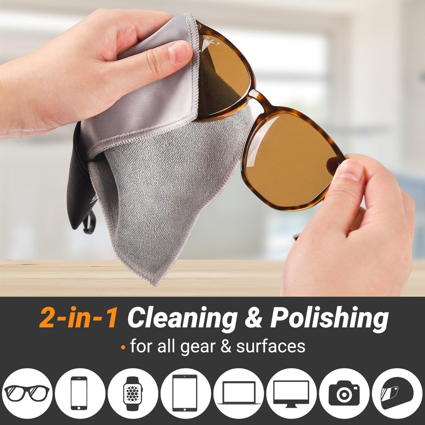 2-Sided Portable Glasses Cleaner Cloth Keychain | Reusable Microfiber Kit 6x6 in – Black