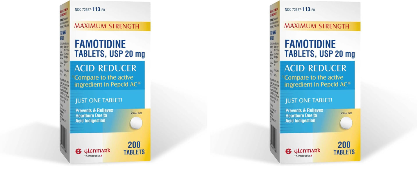 Glenmark Maximum Strength Famotidine 20 mg – 200 Count (Pack of 2) | Heartburn Relief