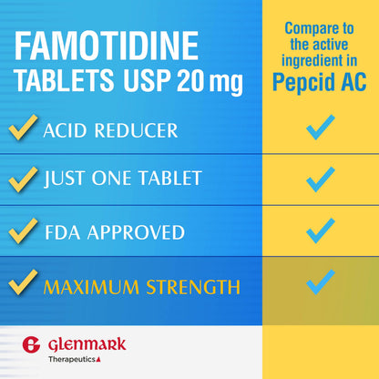 Glenmark Maximum Strength Famotidine 20 mg – 200 Count (Pack of 2) | Heartburn Relief