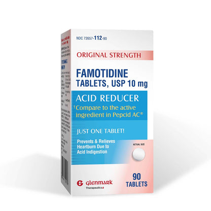 Glenmark Therapeutics Original Strength Famotidine Tablets, 10 mg – 90 Count | Heartburn Relief and Acid Indigestion Support