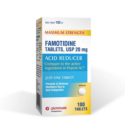 Glenmark Maximum Strength Famotidine 20 mg Tablets – 100 Count | Heartburn Relief OTC