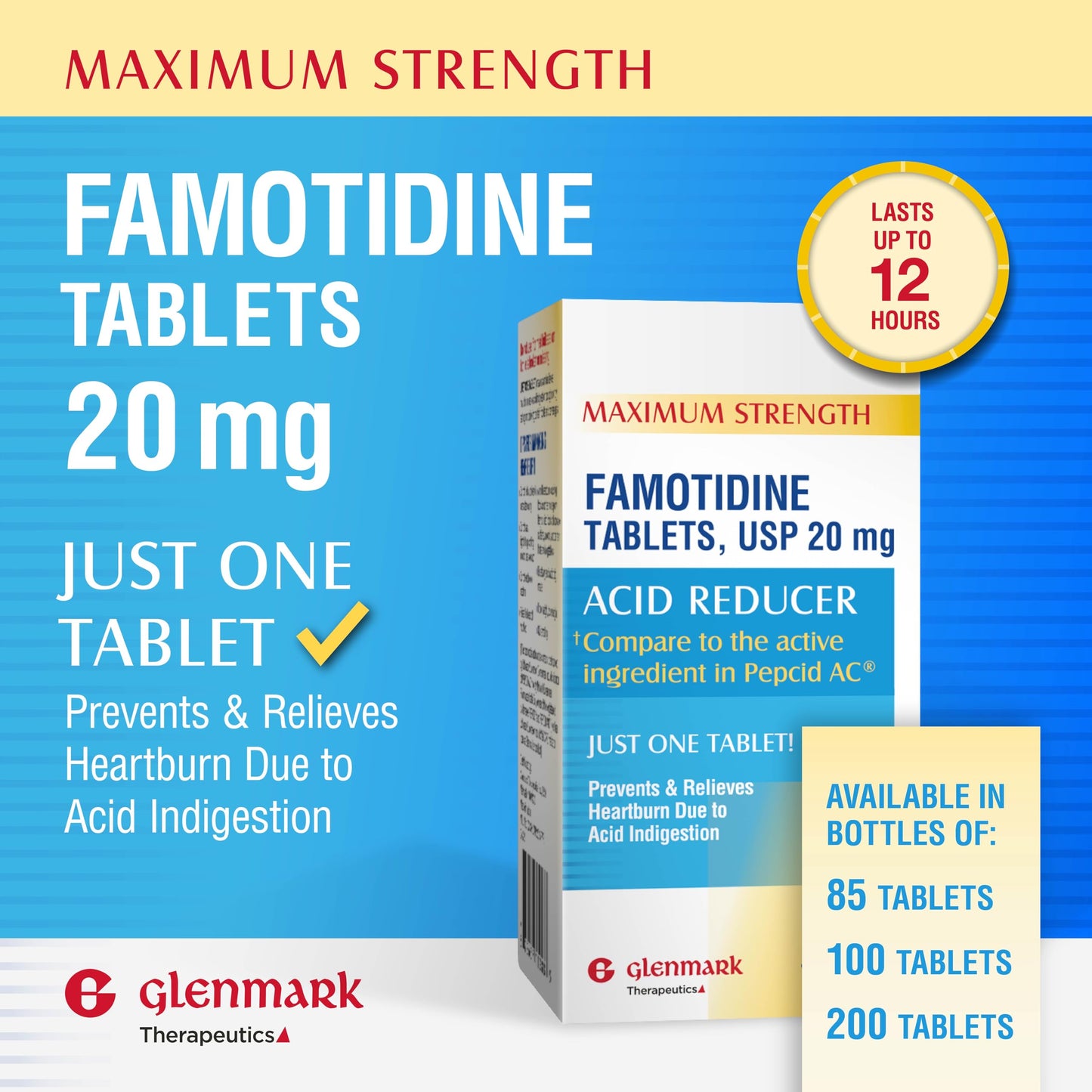 Glenmark Maximum Strength Famotidine 20 mg Tablets – Heartburn Relief (200 Count)
