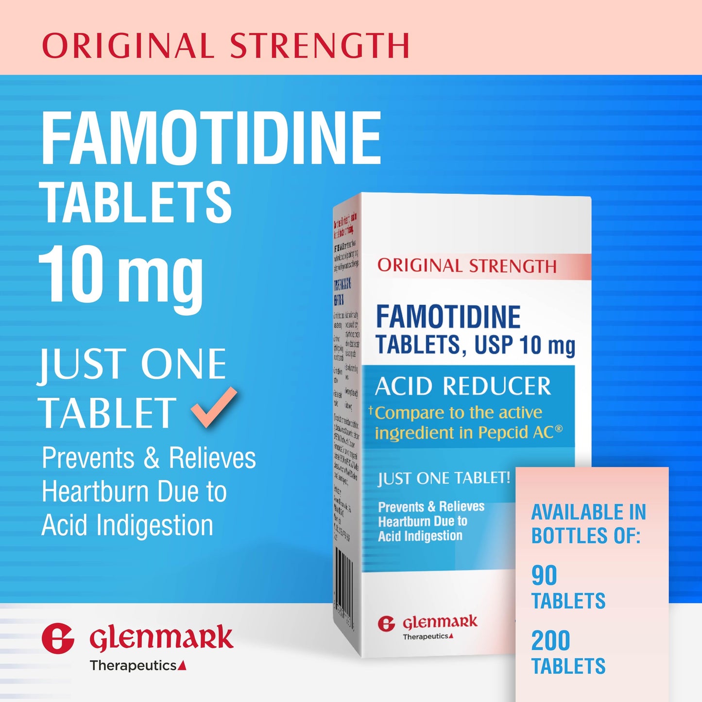 Glenmark Therapeutics Original Strength Famotidine Tablets, 10 mg – 90 Count | Heartburn Relief and Acid Indigestion Support