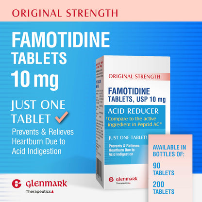 Glenmark Therapeutics Original Strength Famotidine Tablets, 10 mg – 90 Count | Heartburn Relief and Acid Indigestion Support