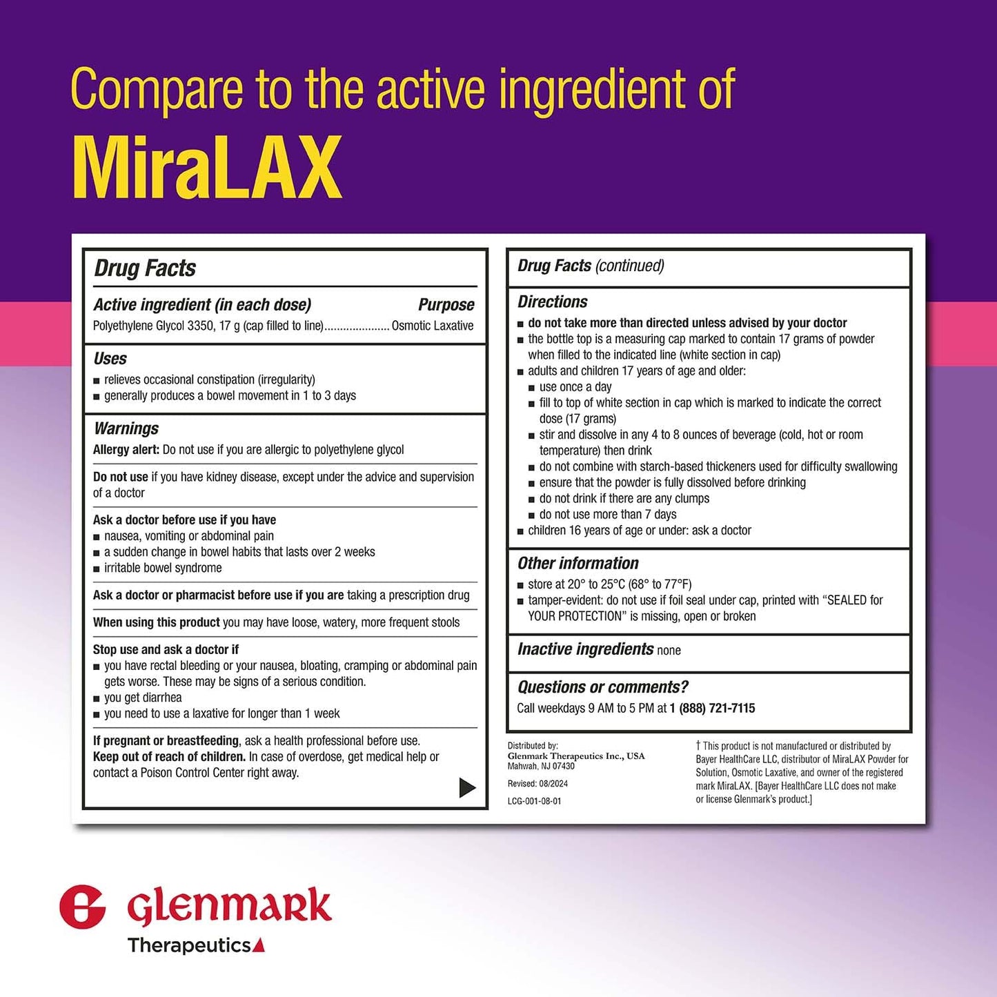 Glenmark Therapeutics PEG 3350 Powder – Osmotic Laxative, 26.9 oz, 45 Daily Doses