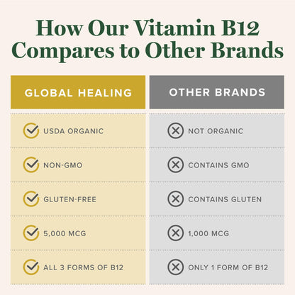 Global Healing Vitamin B12 5000 mcg Sublingual Liquid – Methylcobalamin & Hydroxo Blend, Vegan & Non-GMO (2 oz)