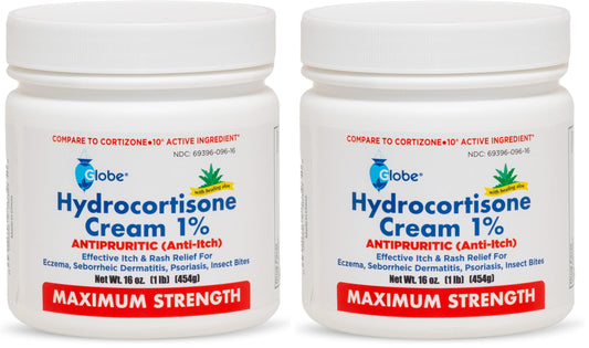 Globe Hydrocortisone 1% Cream with Aloe – 16 oz Jar (Pack of 2) | Maximum-Strength Anti-Itch Relief