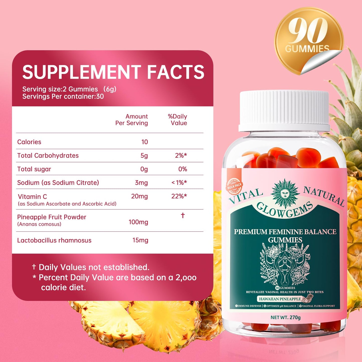 GlowGems Premium Feminine Balance Gummies for Women | pH Balance & Wellness (Vegan, Gluten-Free, 90 Count)