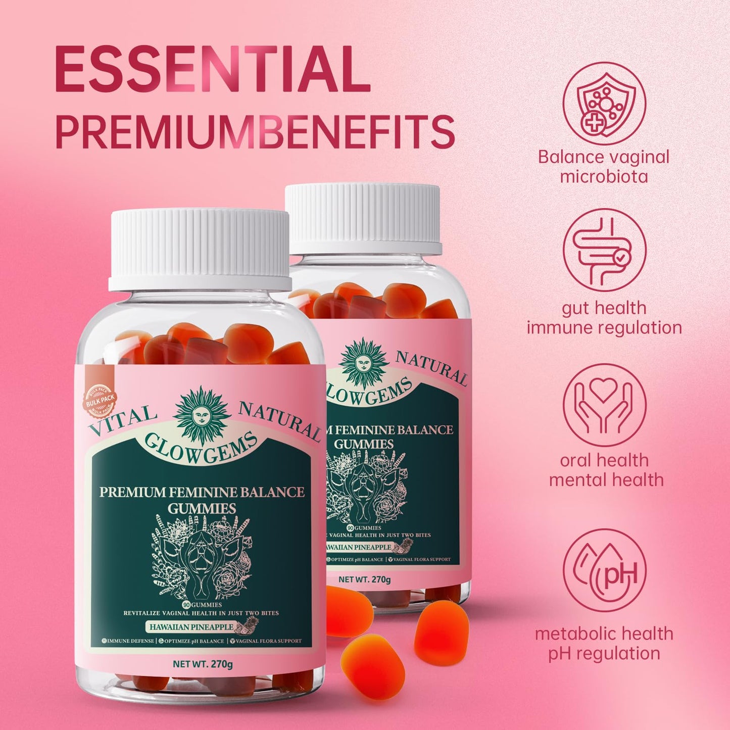GlowGems Premium Feminine Balance Gummies for Women | pH Balance & Wellness (Vegan, Gluten-Free, 90 Count)