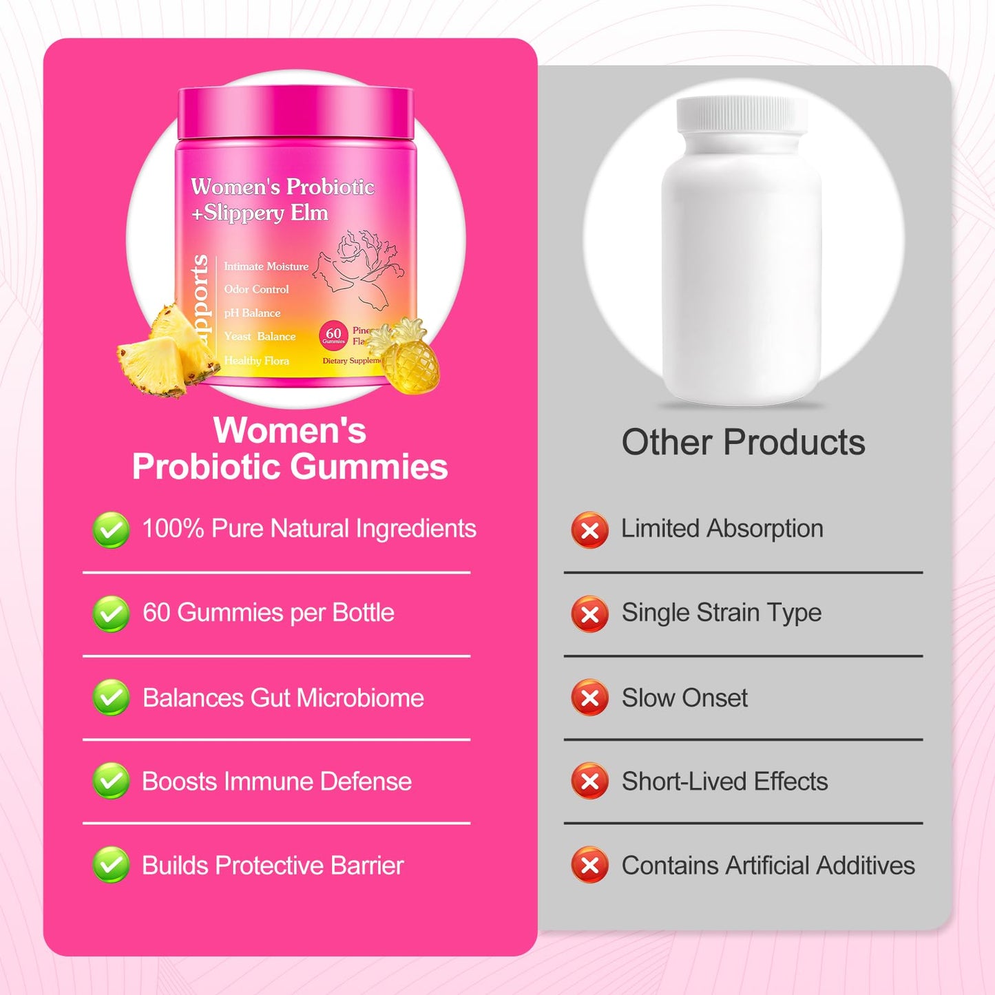 Glowshave Her Juicy Feminine Probiotics Gummies for Women, Pineapple with Slippery Elm - 60 Gummies
