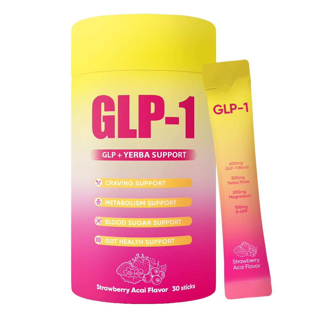 GLP-1 Drink Mix with Berberine, Chromium, 5-HTP, Yerba Mate & Magnesium – Strawberry Acai, 30 Packs | Vegan, Sugar-Free, Non-GMO