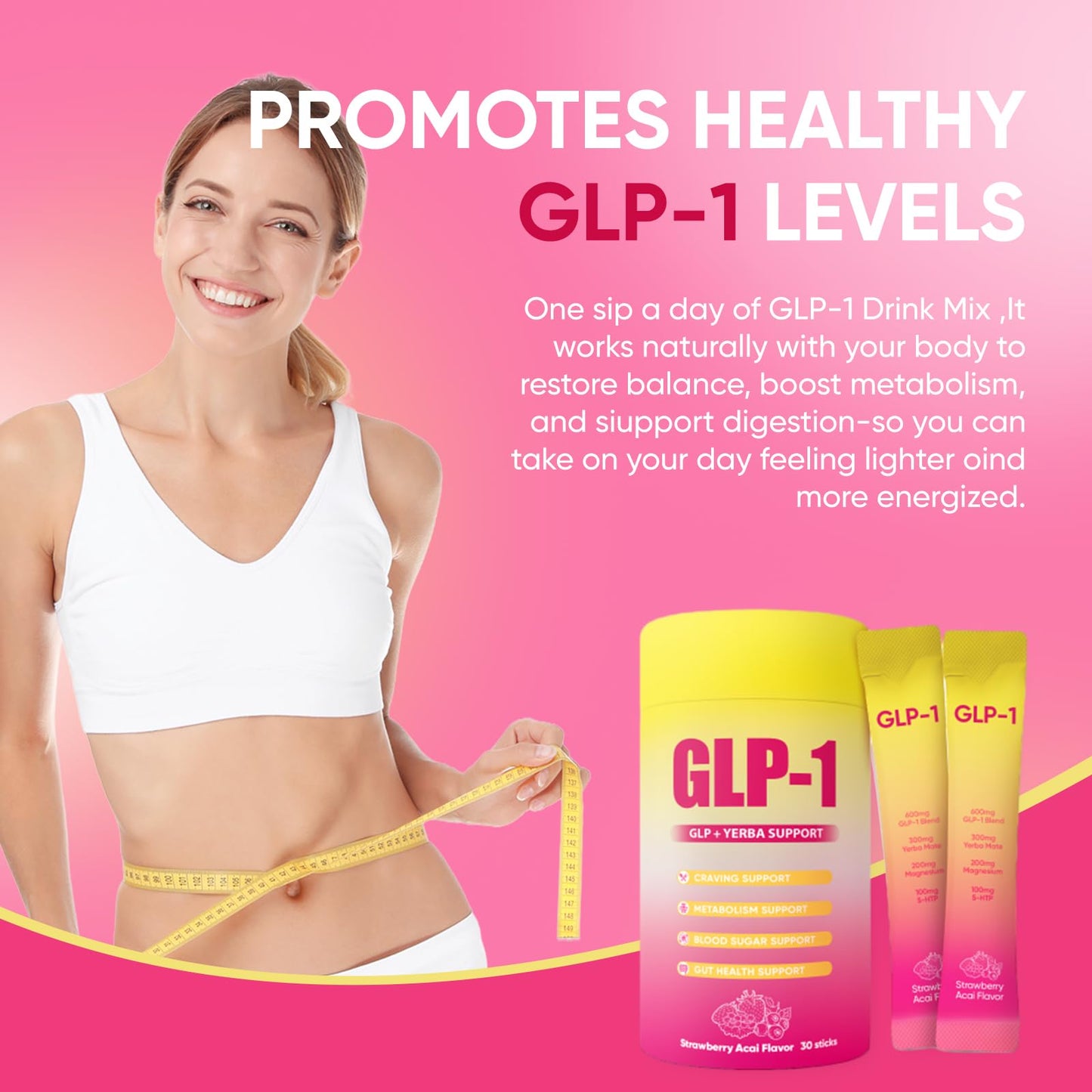 GLP-1 Drink Mix with Berberine, Chromium, 5-HTP, Yerba Mate & Magnesium – Strawberry Acai, 30 Packs | Vegan, Sugar-Free, Non-GMO