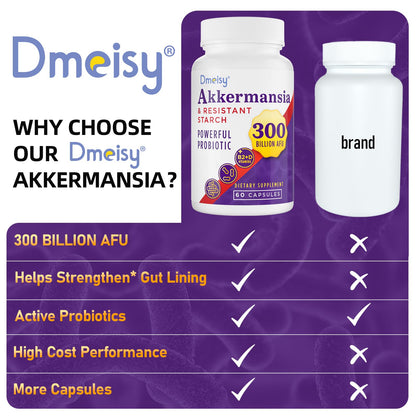 Dmeisy Akkermansia Muciniphila Supplement – 300B AFU Probiotic for Gut Health | 120 Count