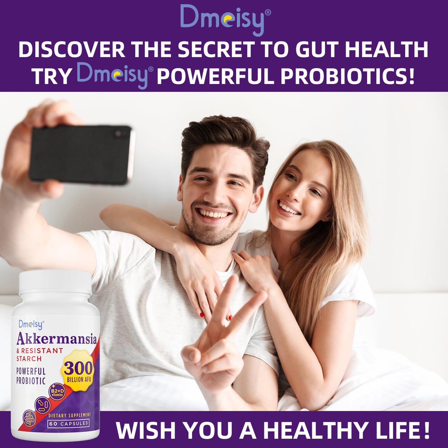 Dmeisy Akkermansia Probiotic - 300 Billion AFU, 60 Count | Gut Health & Immune Support