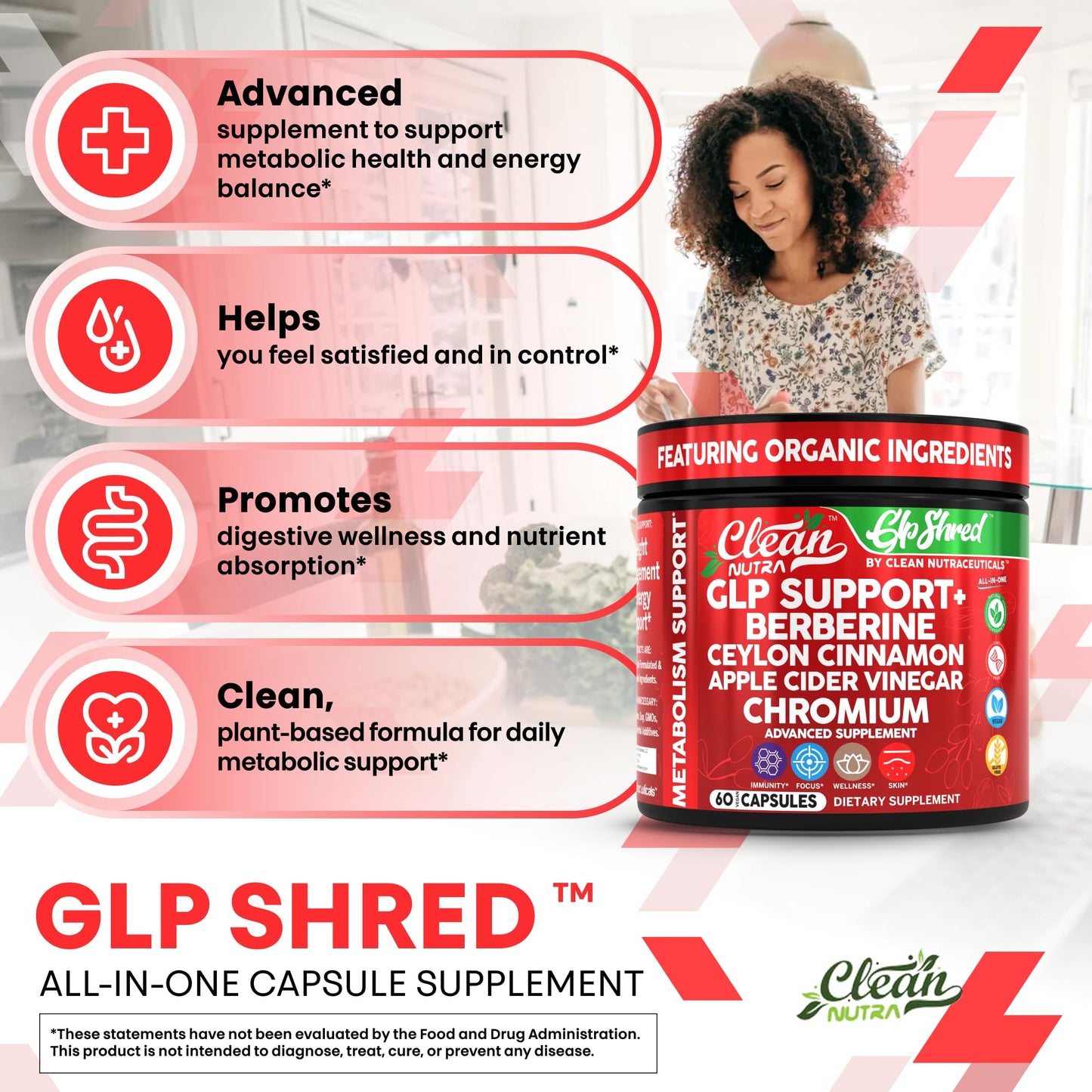 GLP Shred with Berberine, Cinnamon, ACV & Turmeric – 60 Vegan Capsules | Clean Nutra