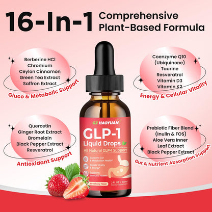 GLP-1 Supplement – 16-in-1 Liquid Drops with Berberine, Cinnamon, Green Tea & Resveratrol (Strawberry, 2 oz)