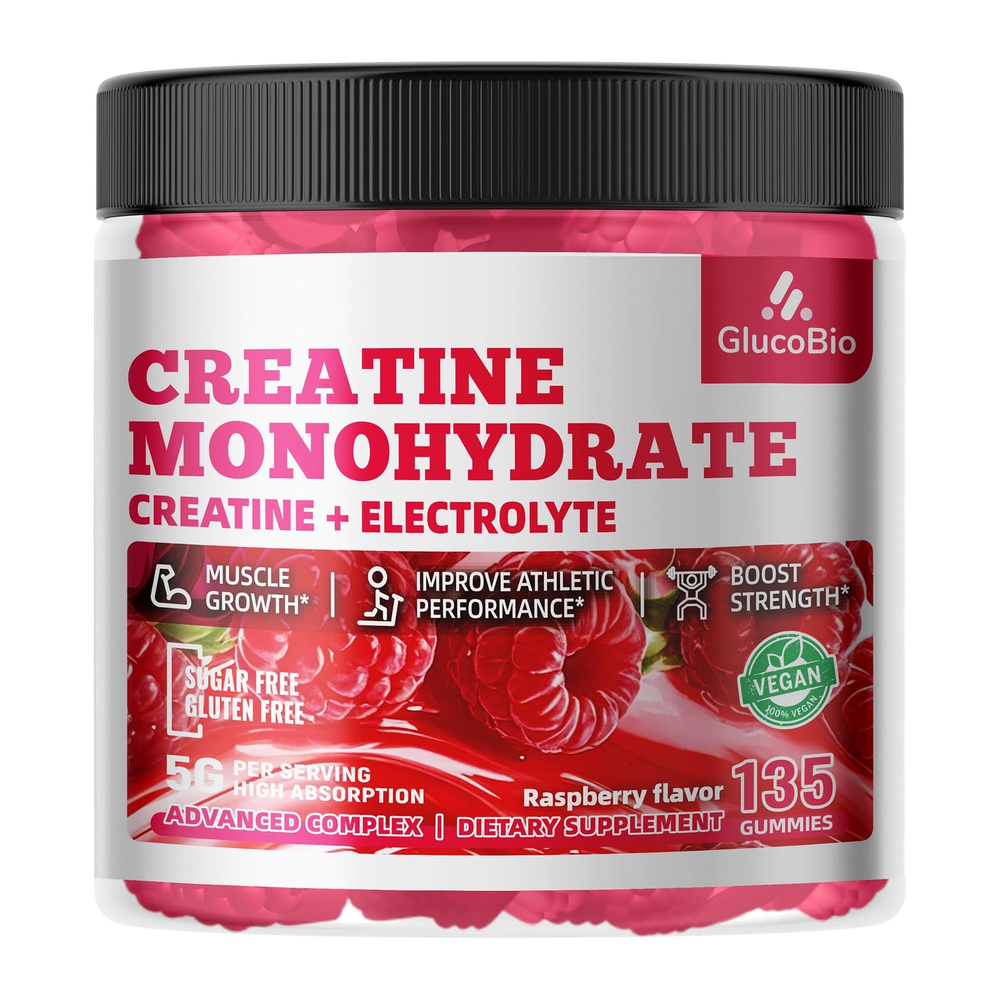 GlucoBio Creatine Monohydrate Gummies – 5g per Serving, Raspberry