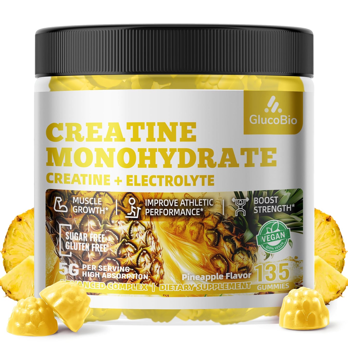 GlucoBio Creatine Monohydrate Gummies (5g) – Pre-Workout Energy, Muscle Growth | Pineapple Electrolyte Gummies 135 Count