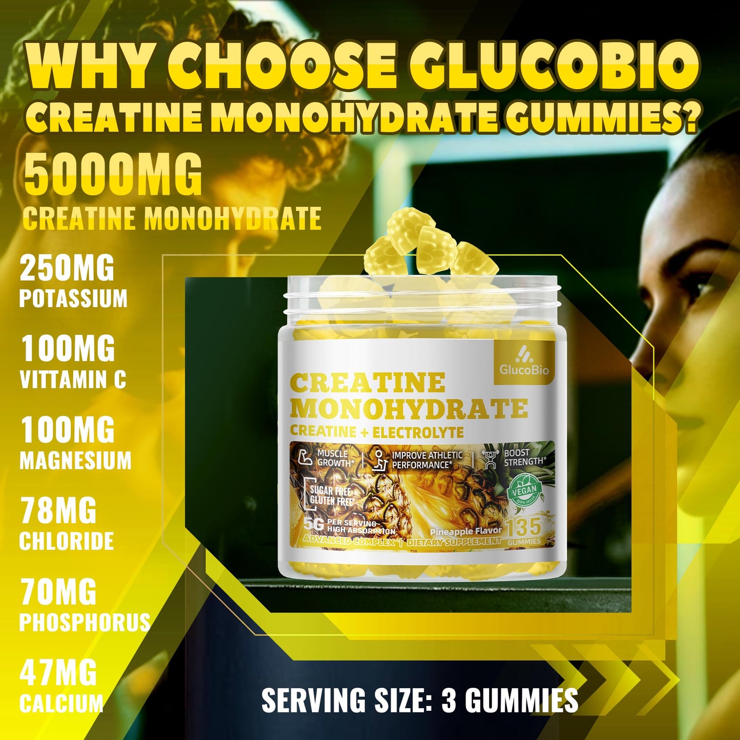 GlucoBio Creatine Monohydrate Gummies (5g) – Pre-Workout Energy, Muscle Growth | Pineapple Electrolyte Gummies 135 Count