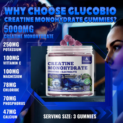 GlucoBio Creatine Monohydrate Gummies 5g – Pre-Workout Energy & Muscle Growth (Blueberry, 135 Count)