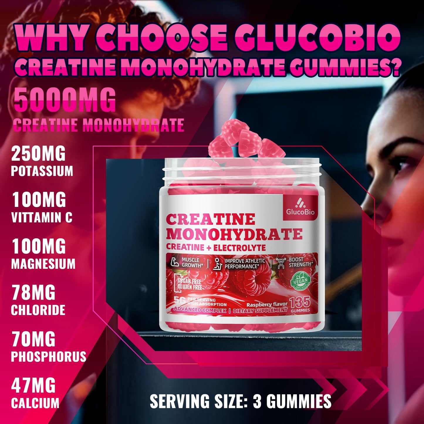 GlucoBio Creatine Monohydrate Gummies – 5g per Serving, Raspberry