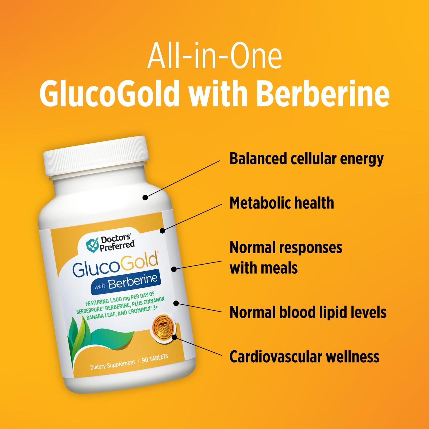 DOCTORS' PREFERRED GlucoGold with Berberine, Cinnamon, Chromium & Banaba Leaf – 90 Tablets