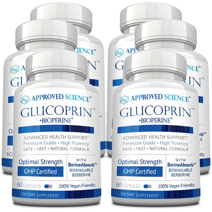 Approved Science Glucoprin – 250 mg Berberine, Mulberry, Cinnamon | 60 Vegan Capsules | Pack of 6 | Made in USA