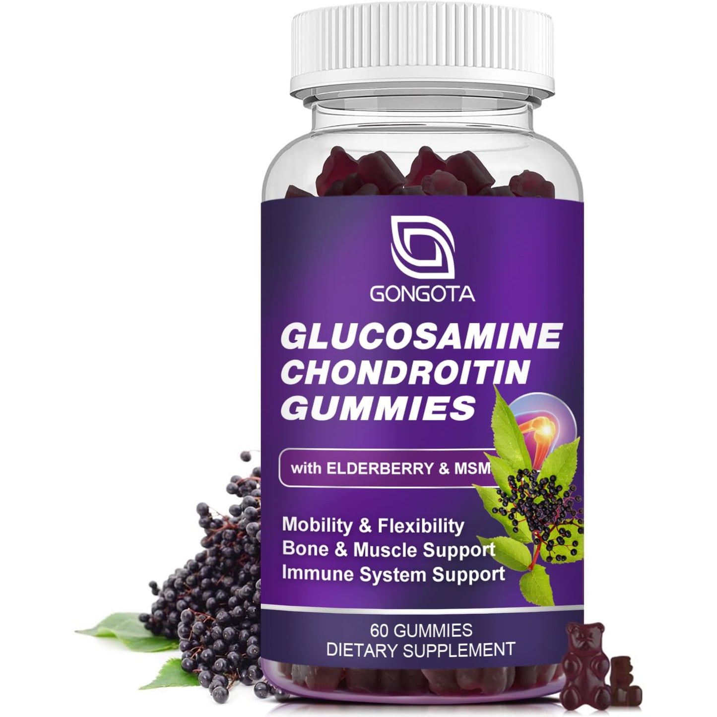 Glucosamine Chondroitin Gummies – 2-Pack, Extra Strength 1500mg | MSM & Elderberry | 60 Count