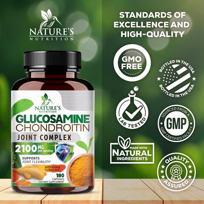 Glucosamine Chondroitin MSM 2100mg – 3x Strength Joint Support for Men & Women | Turmeric & Boswellia – 180 Capsules