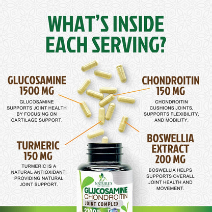 Glucosamine Chondroitin MSM 2100mg – 3x Strength Joint Support for Men & Women | Turmeric & Boswellia – 180 Capsules