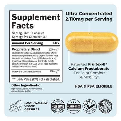 Glucosamine Chondroitin MSM Joint Support – Collagen, Turmeric, Hyaluronic Acid | Gluten Free, Non-GMO 90 Capsules