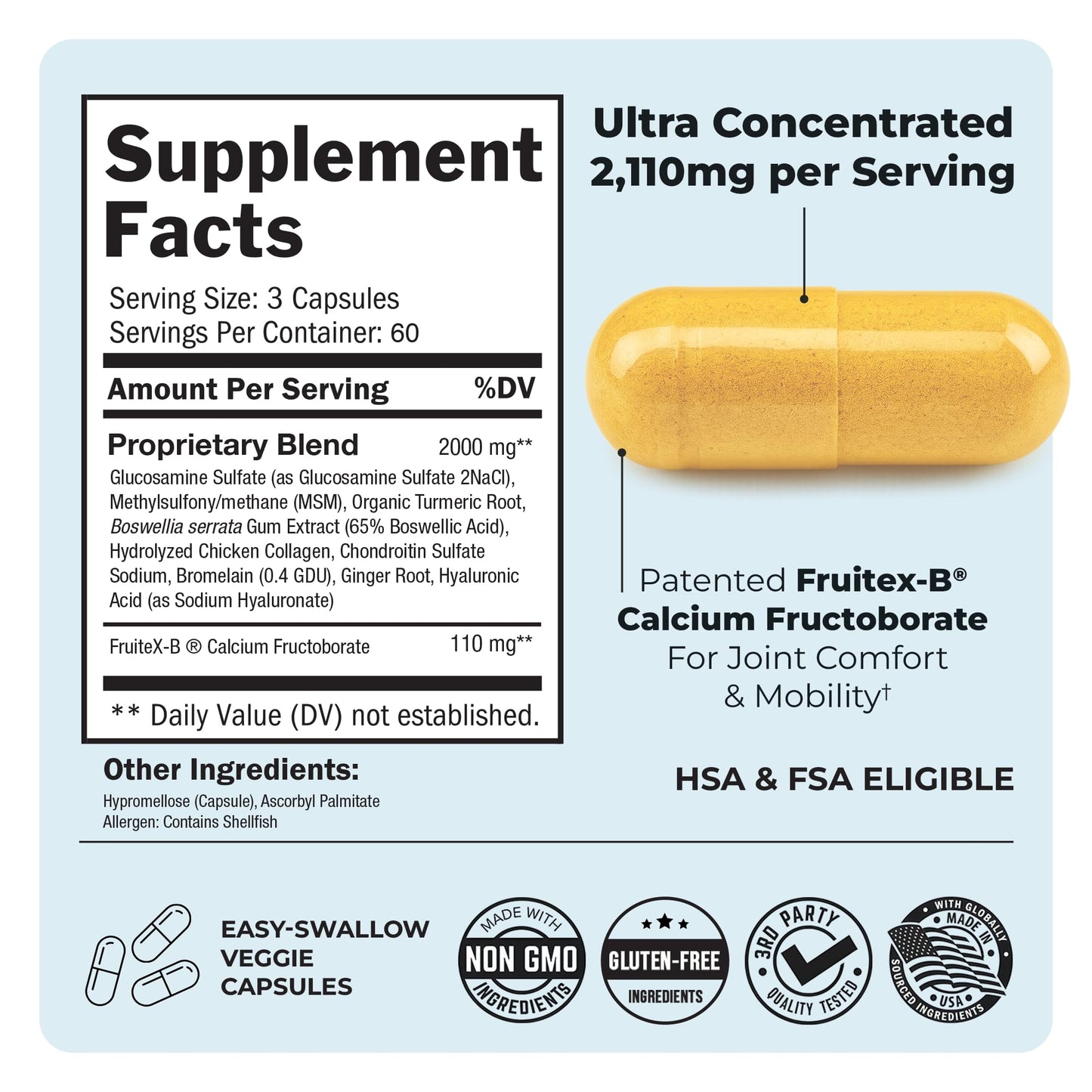 Glucosamine Chondroitin MSM Joint Support – Collagen, Turmeric, Hyaluronic Acid | Gluten Free, Non-GMO, 180 Capsules