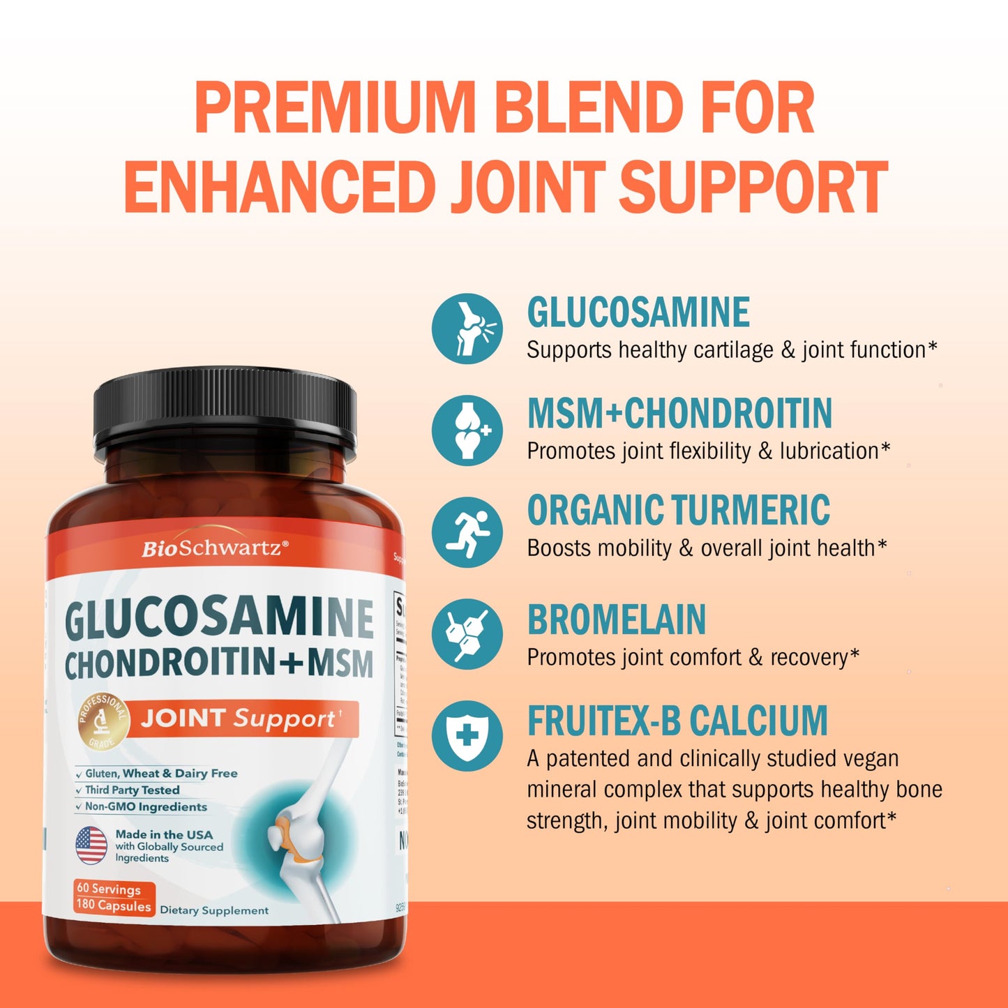 Glucosamine Chondroitin MSM Joint Support – Collagen, Turmeric, Hyaluronic Acid | Gluten Free, Non-GMO, 180 Capsules