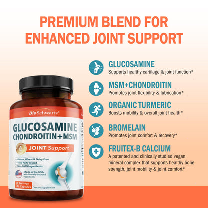 Glucosamine Chondroitin MSM Joint Support – Collagen, Turmeric, Hyaluronic Acid | Gluten Free, Non-GMO, 180 Capsules