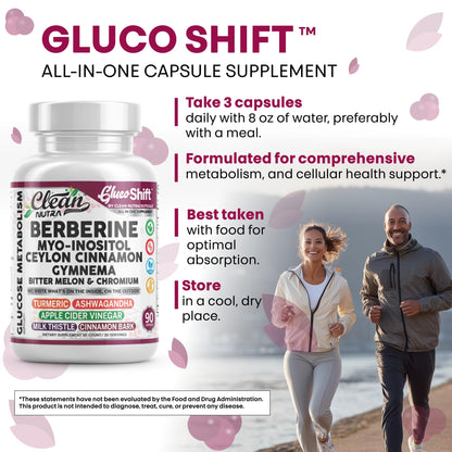 Clean Nutra GlucoShift Berberine Complex – Berberine HCl with Ceylon Cinnamon, Myo-Inositol, Gymnema, Bitter Melon & Chromium | 90 Capsules | Vegan, Gluten-Free, Non-GMO