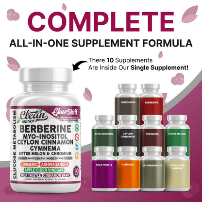 Clean Nutra GlucoShift Berberine Complex – Berberine HCl with Ceylon Cinnamon, Myo-Inositol, Gymnema, Bitter Melon & Chromium | 90 Capsules | Vegan, Gluten-Free, Non-GMO