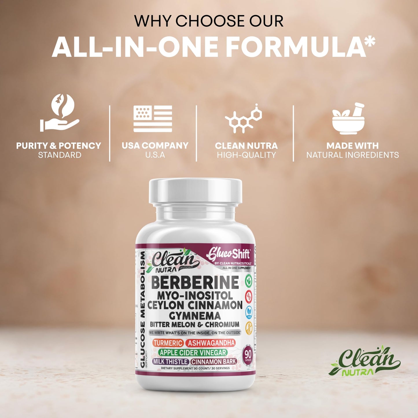 Clean Nutra GlucoShift Berberine Complex – Berberine HCl with Ceylon Cinnamon, Myo-Inositol, Gymnema, Bitter Melon & Chromium | 90 Capsules | Vegan, Gluten-Free, Non-GMO