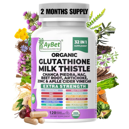 Glutathione NAC Milk Thistle Supplement | Liver Health Support | 32-in-1 Herbal Antioxidant Formula | Halal Vegan Organic Daily Wellness