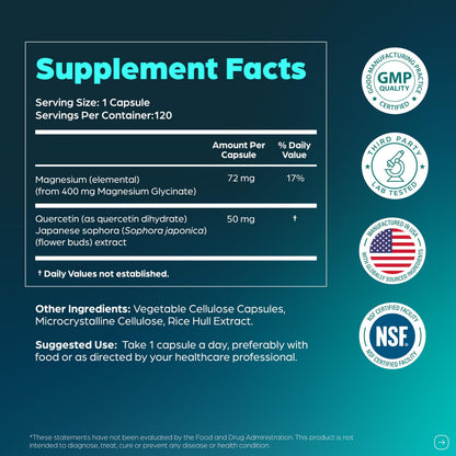 Magnesium Glycinate 400mg with Quercetin – 120 Count for Sleep & Relaxation